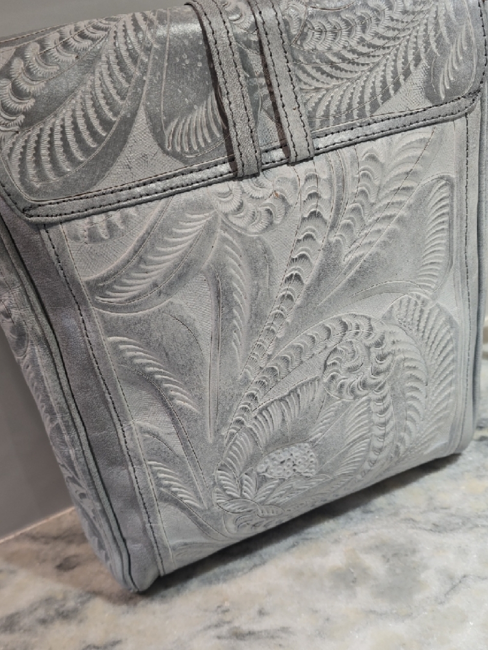 Women's Embossed Leather Crossbody Bag in Light Gray - Picture 13 of 17